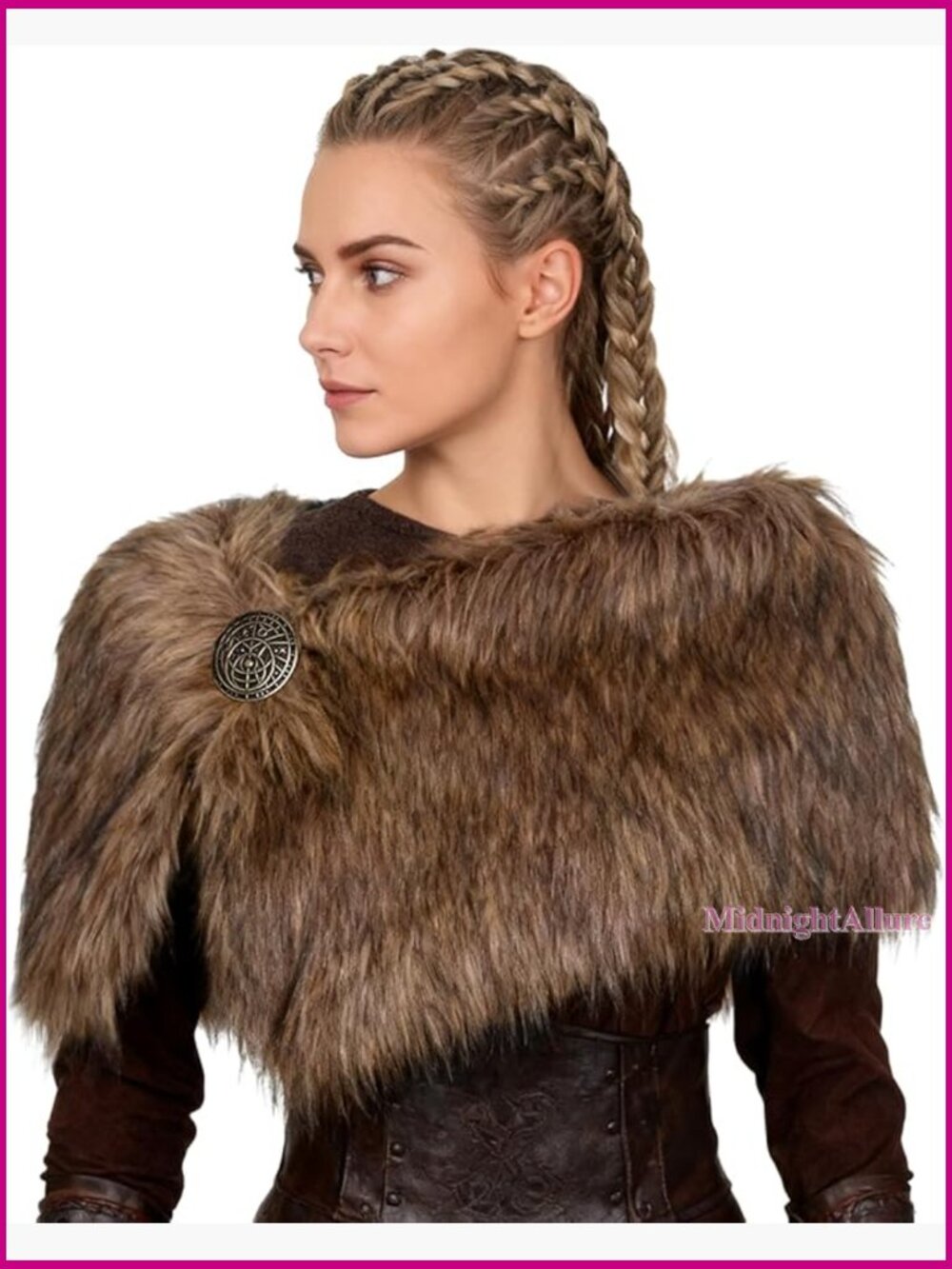 Viking Faux Fur Shawl Wrap with Medieval Brooch for LARP Costume Accessories